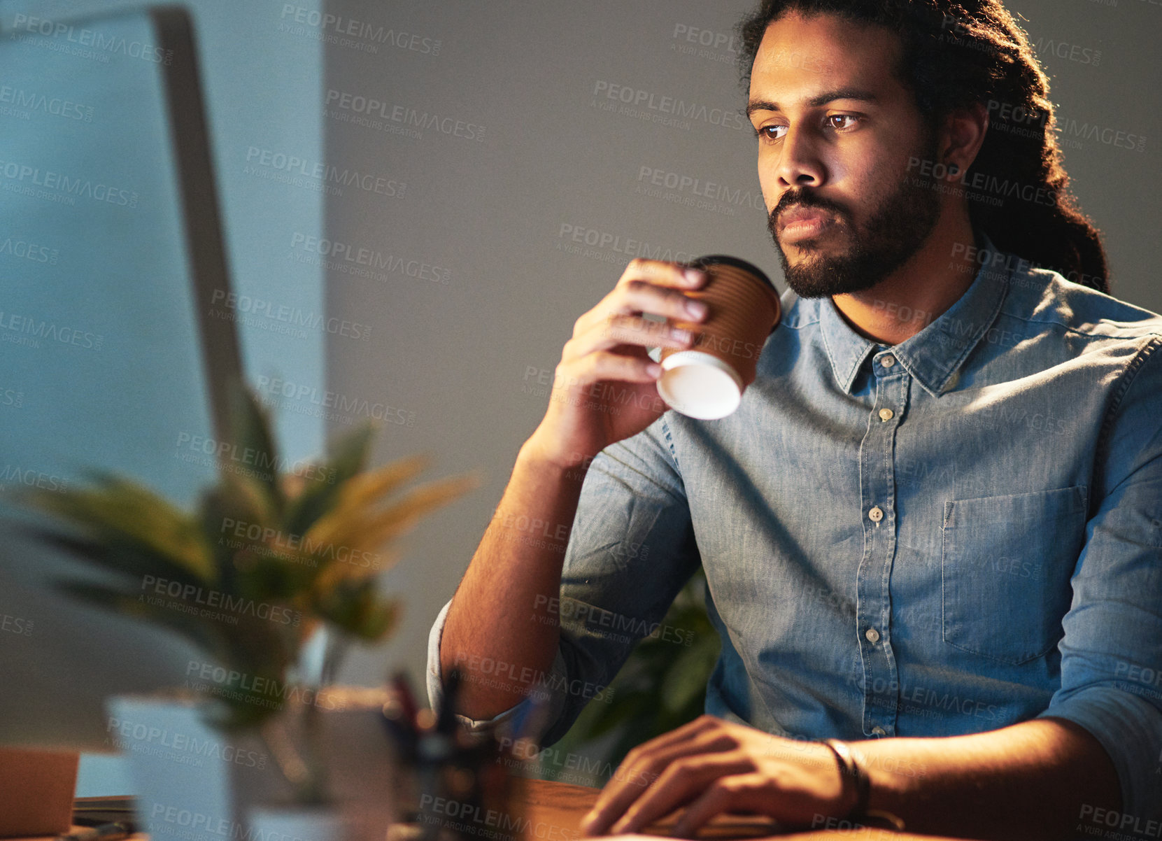 Buy stock photo Business man, pc and coffee for deadline, communication or project management in office with research. Web designer, tech and african person for target audience, design and multimedia with ui or ux