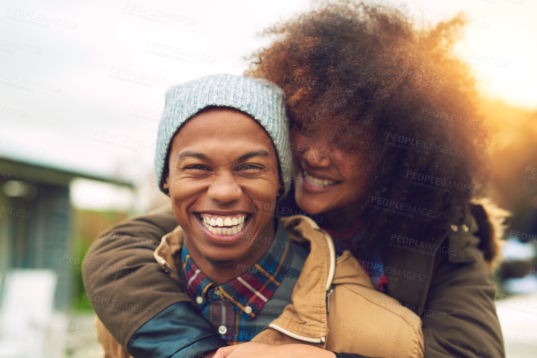 Buy stock photo Happy, couple portrait and piggyback in park, bonding and fun on holiday with winter date. Smile, african man and woman with vacation for love, care and freedom in nature, forest or woods travel