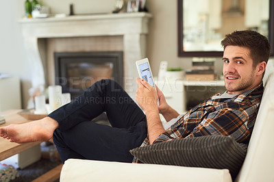 Buy stock photo Portrait, happy man and tablet on sofa for social media, browsing and relaxation in living room. Male person, smile and digital technology on couch for internet, streaming and communication at home 