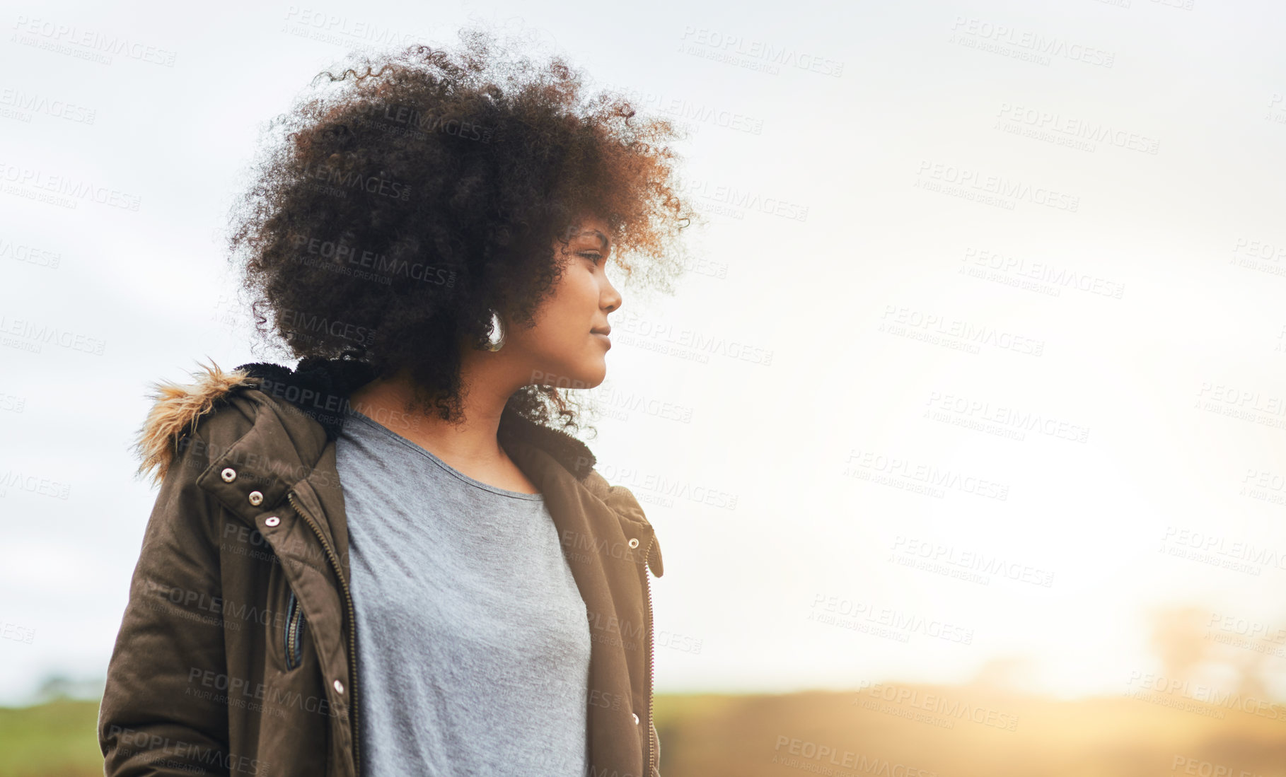 Buy stock photo Woman, thinking or nature sunset view for travel, adventure or holiday vacation in Namibia lens flare. African girl, planning or vision ideas at sunrise for relax on break, peace or inspiration