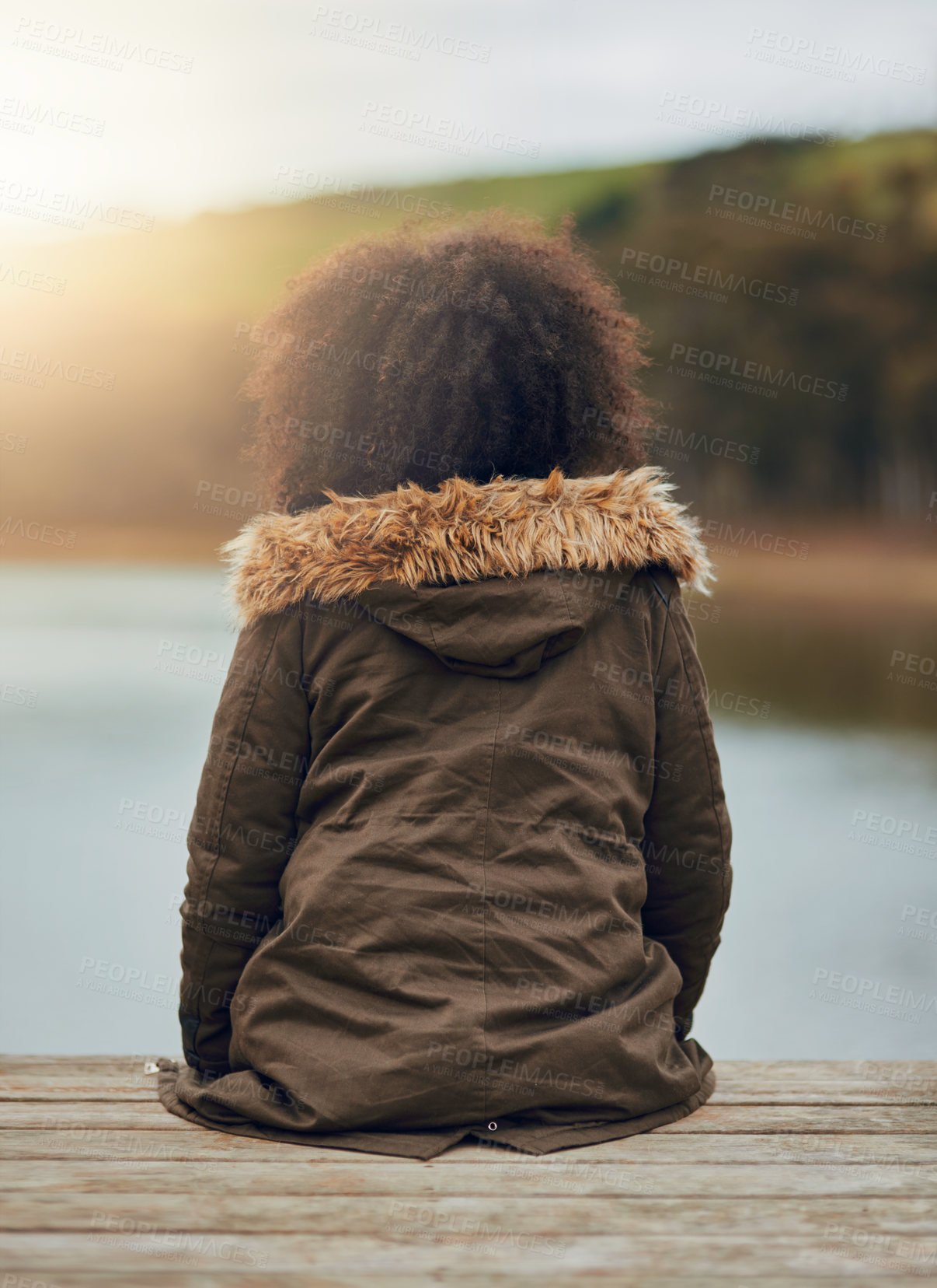 Buy stock photo Woman, back and view of lake for reflection, morning and sunshine with nature, memory or inspiration. Person, jetty and outdoor by water, river and relax with holiday, thinking and rest in Brazil