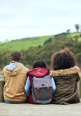 Buy stock photo Rearview shot of a group of friends sitting on a pier together