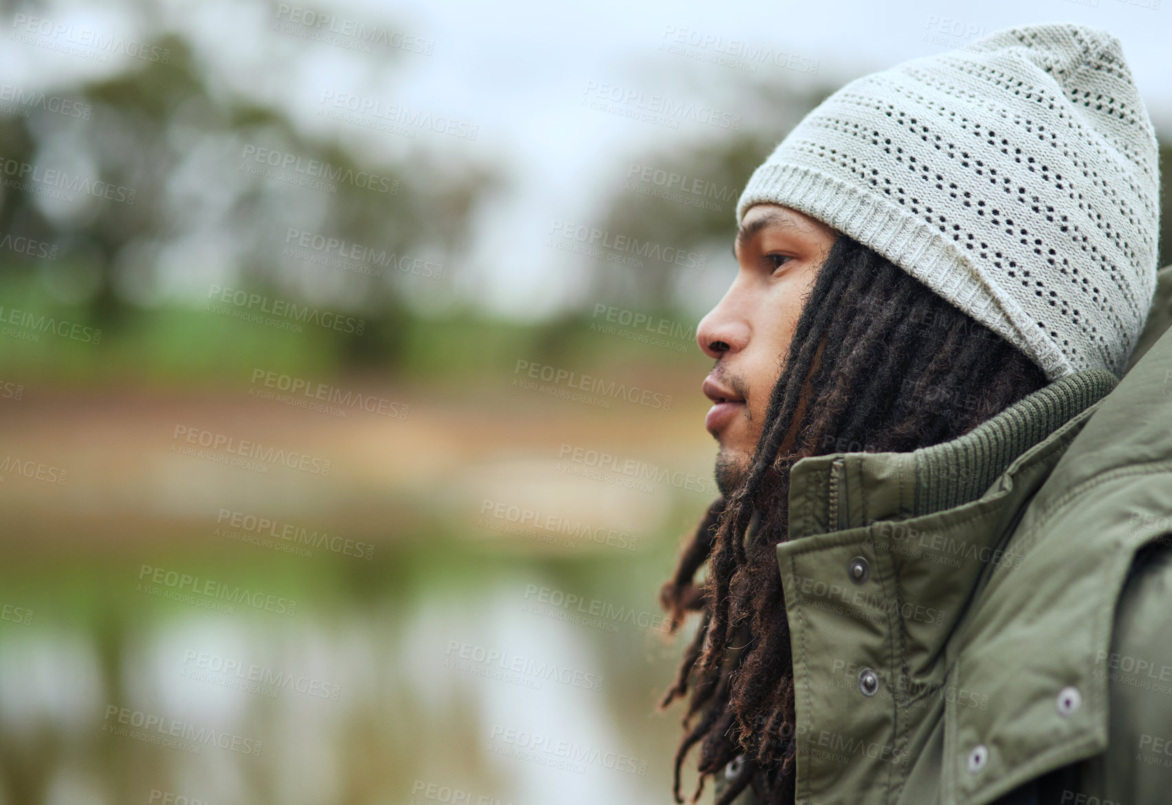 Buy stock photo Nature, thinking and environment student with ideas, vision and inspiration for ecology change in Jamaica. Man, planning and earth sustainability for recycling research for global warming decision