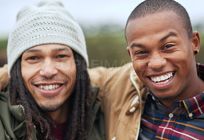 Buy stock photo Portrait of two friends posing together outside