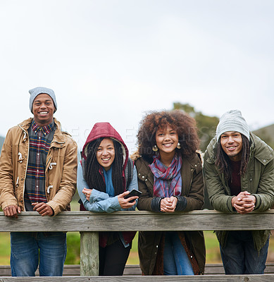 Buy stock photo Portrait of a group of friends posing on a wooden bridge together