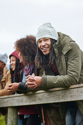 Buy stock photo Nature, holiday and friends on bridge in winter with smile, fun bonding and outdoor adventure together. Happy people, men and women on pier for group vacation, travel and relax in calm countryside