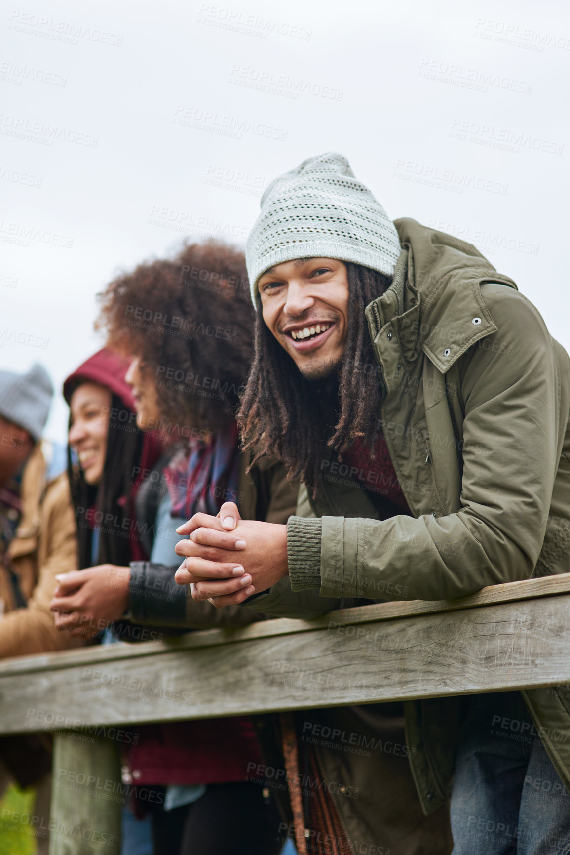 Buy stock photo Nature, holiday and friends on bridge in winter with smile, fun bonding and outdoor adventure together. Happy people, men and women on pier for group vacation, travel and relax in calm countryside