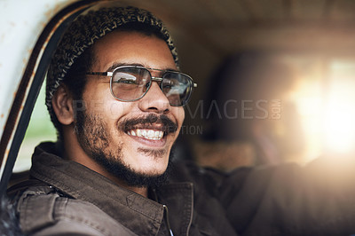 Buy stock photo Portrait of a happy young man sitting in a rusty old truck