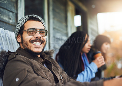 Buy stock photo Portrait of a group of friends relaxing on the porch of a fishing cabin on a weekend getaway