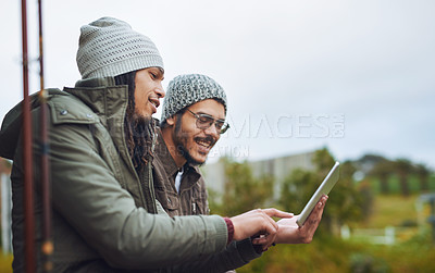 Buy stock photo Happy men, camping and research with tablet on patio in nature for connectivity, signal or online streaming. Male people, relax or campers with technology for entertainment or app at holiday house