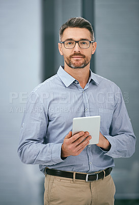 Buy stock photo Businessman, mature and portrait in office with tablet for communication, reading news and check email. Male manager, tech and internet connection in workplace for social media, research and text app