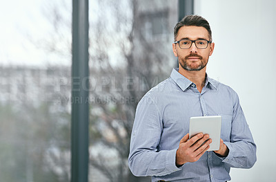 Buy stock photo Digital tablet, portrait and businessman in workplace for app, planning in office or checking email. Online, technology and mature male person for networking, project management or professional