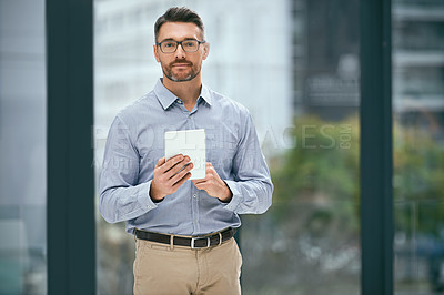 Buy stock photo Mature man, portrait and tablet by window for business for communication, reading news and check email. Male manager, tech and internet connection in workplace for social media, research and text app