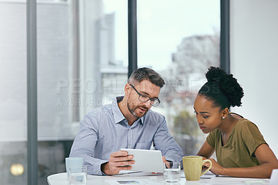 Buy stock photo Connection, black woman and man with a tablet, planning and online reading with email, social media and brainstorming. Staff, employees and coworkers with technology, teamwork and share ideas online