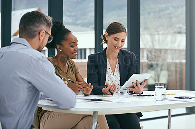 Buy stock photo Tablet, teamwork and business people in office for research with legal case policy review. Digital technology, meeting and attorneys with law career working on project in collaboration in workplace.