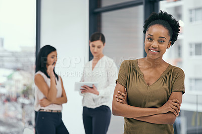 Buy stock photo Business, portrait and black woman with arms crossed in office for training, career goals or new job opportunity. Ambition, smile and  employee with colleagues for teamwork, support or happiness