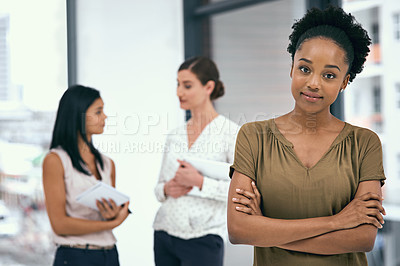 Buy stock photo Internship, portrait and black woman with arms crossed in conference room for training, onboarding or new job opportunity. Business, creative career and employees for teamwork, support or confidence