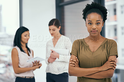 Buy stock photo Internship, portrait and black woman with arms crossed in office for training, onboarding or new job opportunity. Business, creative career and female employees for teamwork, support or confidence