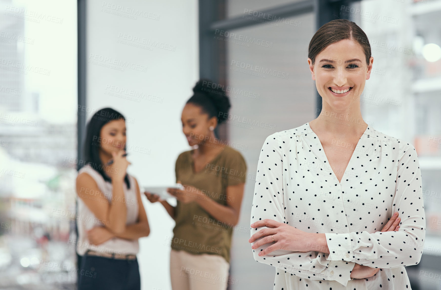 Buy stock photo Portrait, business woman and arms crossed in office for startup, career or company growth. Professional, smile and happy manager with employees for teamwork, support or confidence in workplace