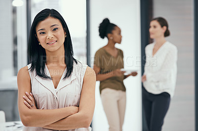 Buy stock photo Portrait, asian woman and arms crossed in office for startup, career or company growth. Professional, business and happy manager with employees for teamwork, support or confidence in workplace