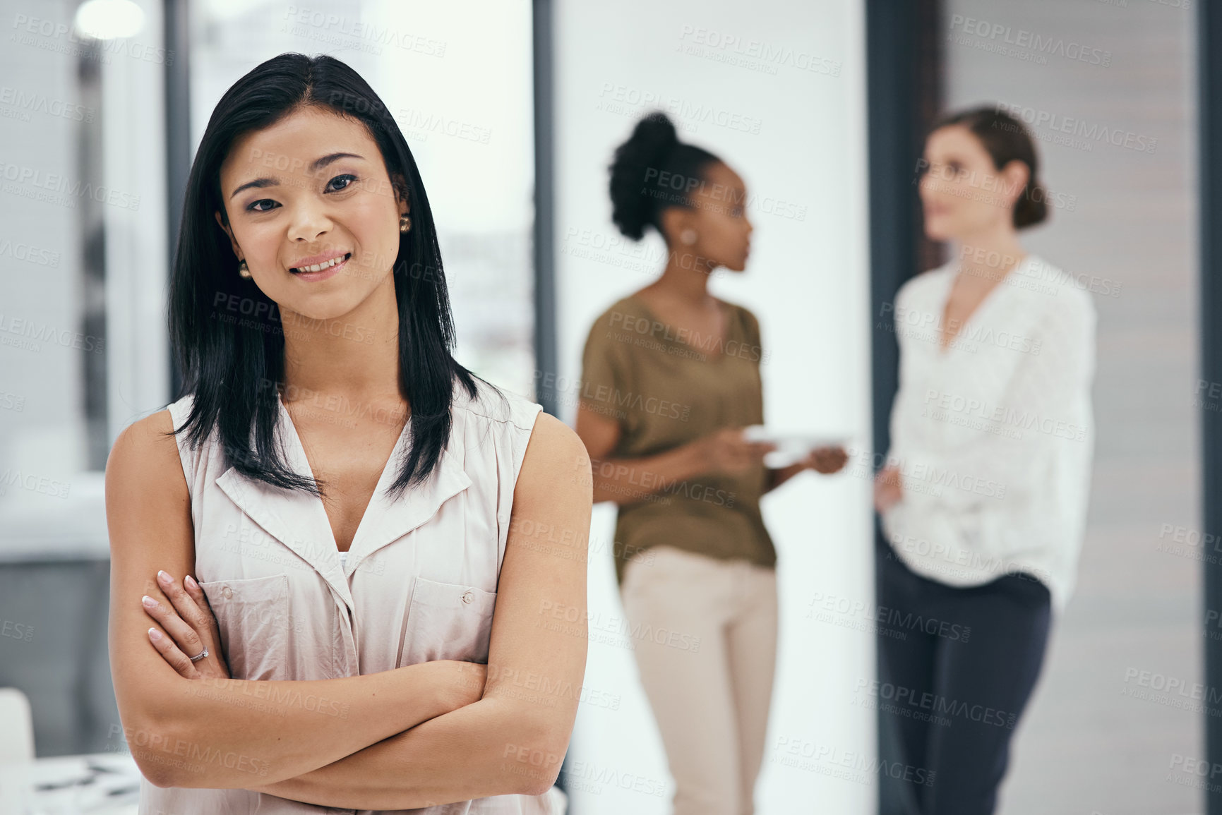 Buy stock photo Portrait, asian woman and arms crossed in office for startup, career or company growth. Professional, business and happy manager with employees for teamwork, support or confidence in workplace