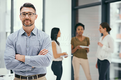 Buy stock photo Businessman, portrait and confidence in office for leadership, planning and management. Project manager, idea and vision in workplace for teamwork, company meeting and brainstorming strategy or goal