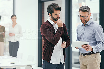 Buy stock photo Business people, meeting and tablet with thinking in office for financial review, idea and strategy. Accounting, men and consultation with technology at work for audit report, feedback and support