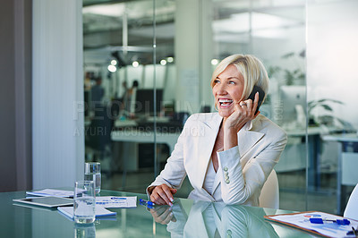 Buy stock photo Business woman, phone call and talk in boardroom with networking and smile in an office. Mobile, professional and operations research analyst of a company with discussion at a corporate workplace 