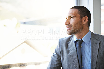 Buy stock photo Thinking, window and businessman in office with smile, opportunity or brainstorming at startup. Solution, reflection and man at glass with business plan idea, inspiration and vision for entrepreneur 