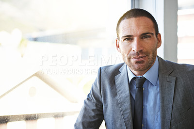 Buy stock photo Business man, portrait and corporate professional in an office ready for work at a company window. Serious, suit and investment manager with confidence at an accounting firm with a male executive