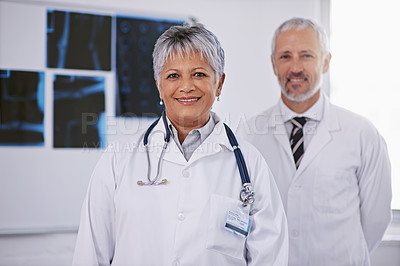 Buy stock photo Senior team of doctors in portrait, smile in radiology with woman in leadership and man in hospital. Surgeon, healthcare and medical professional people in collaboration, happy working together