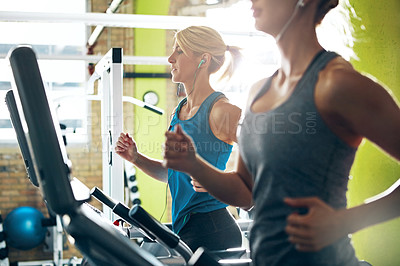 Buy stock photo Shot of two women on the treadmill at the gym