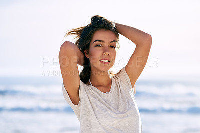 Buy stock photo Portrait, travel and woman at beach for summer vacation, fun and solo  holiday trip outdoor in nature. Ocean, face and gen z girl at sea for journey, freedom and tropical island adventure in Hawaii