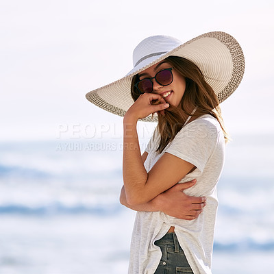 Buy stock photo Sunglasses, smile and portrait of woman at beach for summer vacation, travel and adventure in Miami. Outdoor, happy and relax by ocean with hat for tourism, weekend trip and confidence on holiday