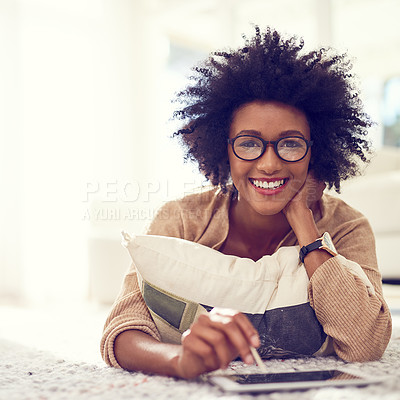 Buy stock photo Black woman, portrait and afro with tablet for creative interior design, creativity or remote work on living room floor. African, female person or freelancer with smile on technology for home startup
