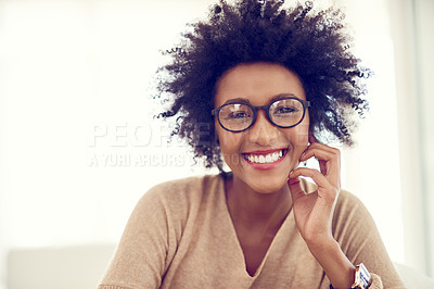 Buy stock photo Smile, home and portrait of black woman, relax and happiness with weekend break, afro and chilling. African person, apartment or girl with glasses, cheerful and clear vision with sunshine or carefree