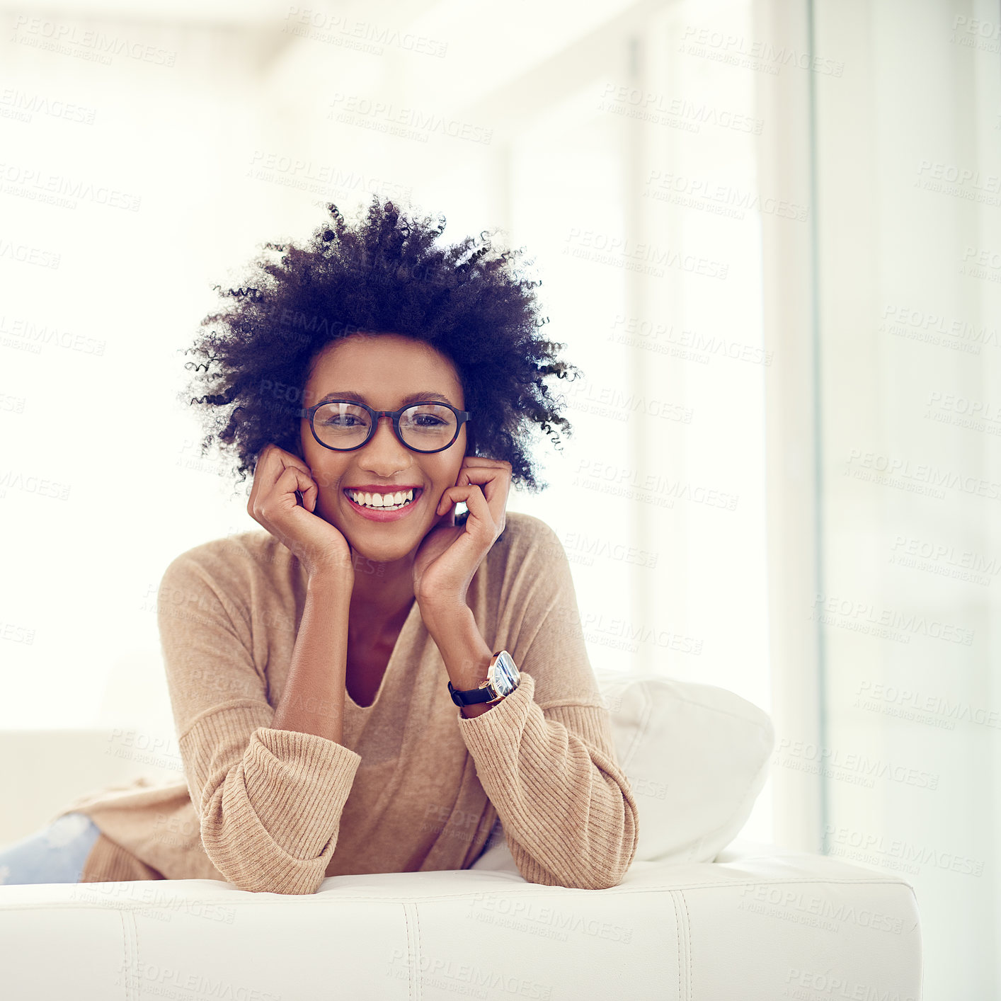 Buy stock photo Happy, home and portrait of black woman, relax on sofa and cheerful with weekend break, afro and chilling. African person, apartment and girl with glasses, clear vision and carefree with sunshine