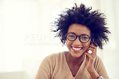 Buy stock photo Smile, happy and portrait of black woman in home for relaxing, chill and free time on weekend. Apartment, house and person in living room with happiness, joy and confidence in morning sunshine