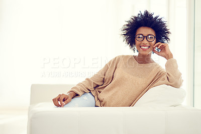 Buy stock photo Sofa, happy and portrait of black woman in home for relaxing, chill and free time on weekend. Apartment, house and person smile in living room with happiness, joy and confidence in morning sunshine