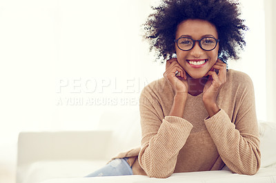 Buy stock photo Morning, happy and portrait of black woman in home for relaxing, chill and free time on weekend. Apartment, house and person with smile in living room with happiness, joy and confidence in sunshine