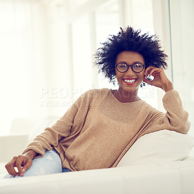 Buy stock photo Portrait of a happy young woman relaxing at home