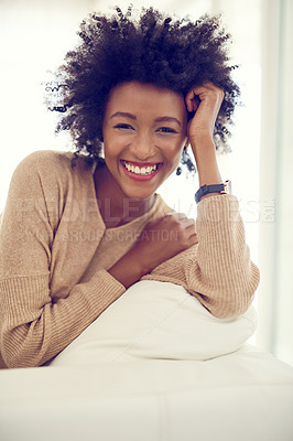 Buy stock photo Laugh, happy and portrait of black woman in home for relaxing, chill and rest on weekend. Apartment, house and person on sofa in living room with happiness, joy and confidence in morning sunshine