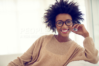 Buy stock photo Relax, happy and portrait of black woman in home for resting, chill and comfort on weekend. Apartment, house and person on sofa in living room with happiness, joy and confidence in morning sunshine