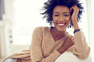Buy stock photo Home, happy and portrait of black woman on sofa for relaxing, chill and resting on weekend. Apartment, house and person smile in living room with happiness, joy and confidence in morning sunshine