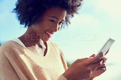 Buy stock photo Young, woman and phone with smile in outdoor for connection, search for location on vacation. Female person, holiday and mobile app with internet for social media or network, happiness for story