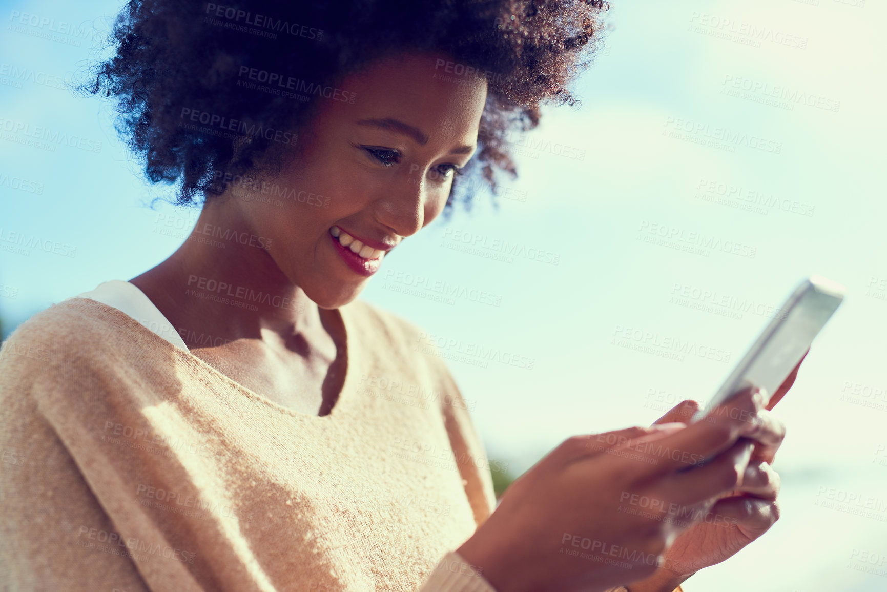 Buy stock photo Young, woman and phone with smile in outdoor for connection, search for location on vacation. Female person, holiday and mobile app with internet for social media or network, happiness for story