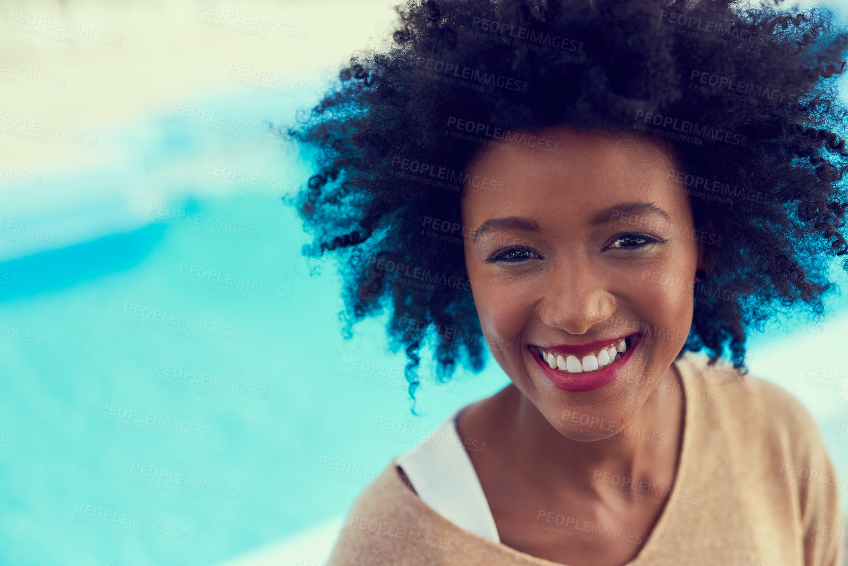 Buy stock photo Hair, face and smile with woman in portrait, haircare and afro, cosmetics and happy person by pool. Sunny, skincare and facial with curly hairstyle outdoors with black female or natural beauty