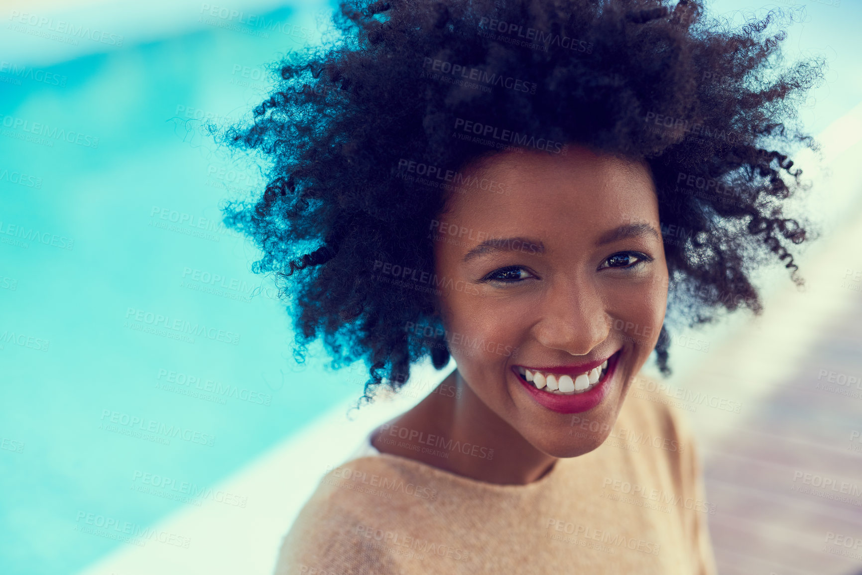 Buy stock photo Portrait of a happy young woman standing outside