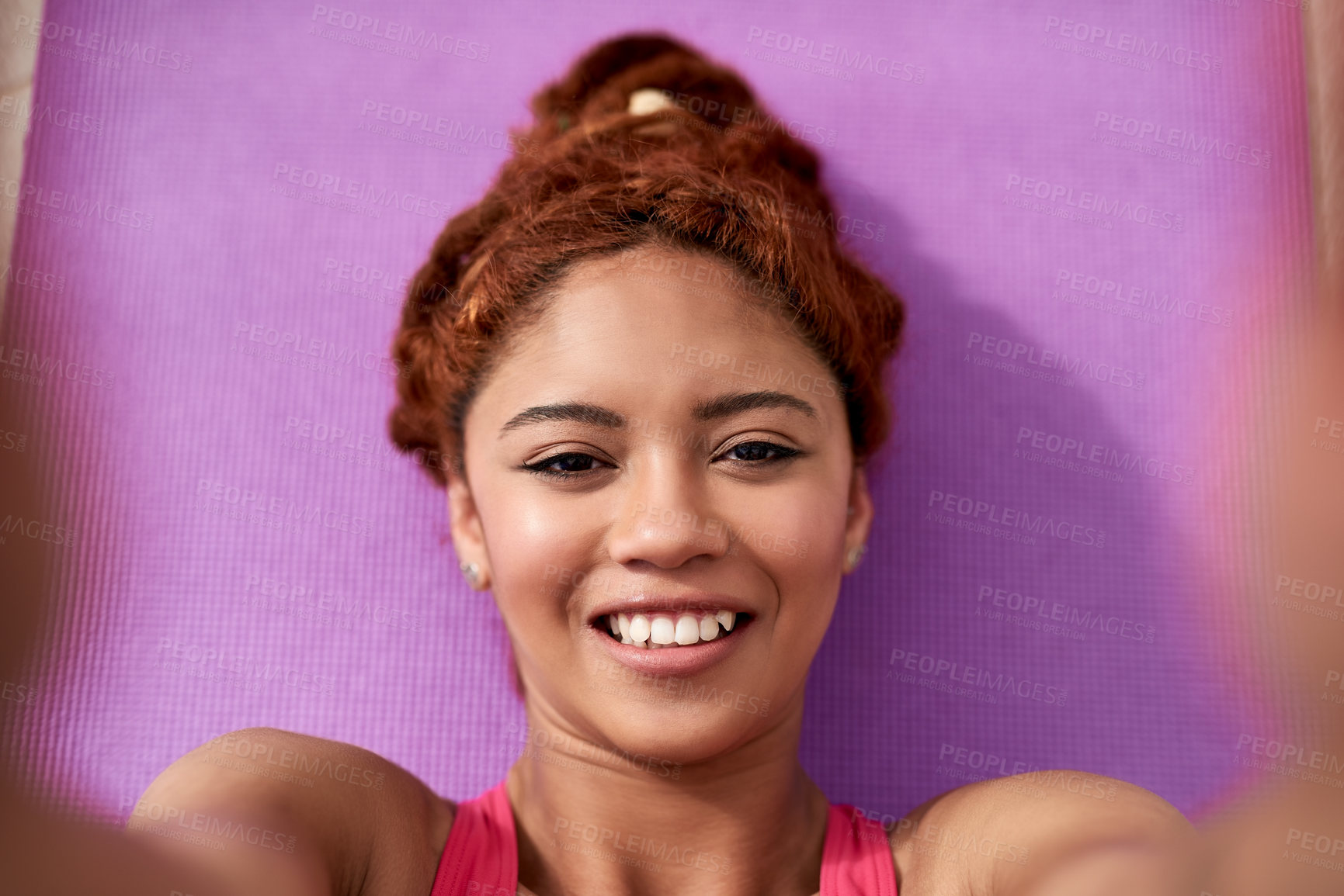 Buy stock photo Portrait, selfie and happy woman on yoga mat for fitness, pilates or wellness at home top view. Face, smile and photography of girl for exercise, health or social media influencer on floor at house