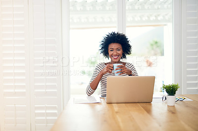 Buy stock photo Remote work, portrait and woman on laptop with paperwork, coffee and research, information and planning for project ideas. Freelance, employee and reading, email and schedule for company proposal 

